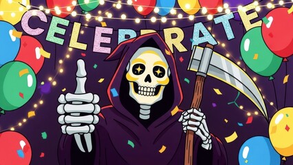 Grim Reaper Skeleton Celebrating with Balloons and Confetti.