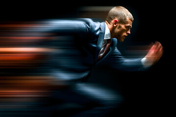 Businessman in suit sprinting towards success with motion blur on isolated black background, showcasing determination and high speed in corporate culture