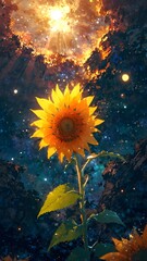 Surreal Sunflower in a Cosmic Sky with Fiery Clouds and Glimmering Stars