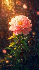 A fusion of nature and industry, a delicate pink peony emerges from intricate steampunk machinery under a magical golden glow