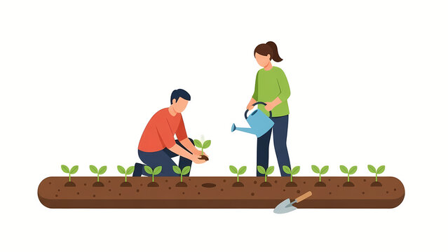 People planting and watering seedlings in a garden, gardening illustration