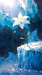 Symbol of new life and resilience, a single pure white lily flower breaks through the ice in a frozen, sunlit cavern