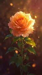 A vibrant orange rose, bathed in ethereal golden light and sparkling particles, embodying delicate beauty, natural elegance, and serene wonder amidst a mystical backdrop
