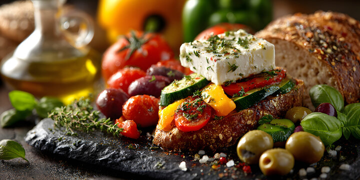 Dash flexitarian mediterranean diet ingredients on a dark background , healthy, vegetarian, Mediterranean, fresh