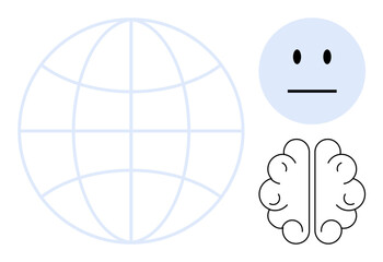Earth globe, brain, and neutral face arranged to illustrate global perspective, intelligence, and balanced emotion. Ideal for psychology, AI, communication, globalization education mindfulness