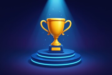 Golden trophy illuminated in spotlights on a pedestal symbolizing achievement, recognition, success and excellence in competition or celebration events