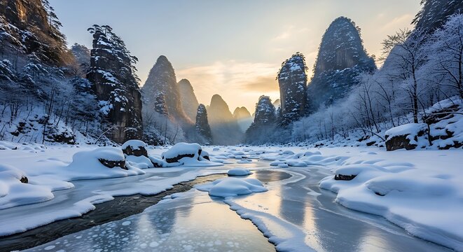 Snow-covered river valley with unique rock formations and morning light mountains
