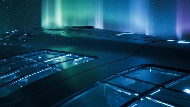 4k, Space ship macro shot of a textured surface with multiple glowing rectangular shapes, illuminated by spectral aurora-like gradients with a cool, futuristic, blue-green