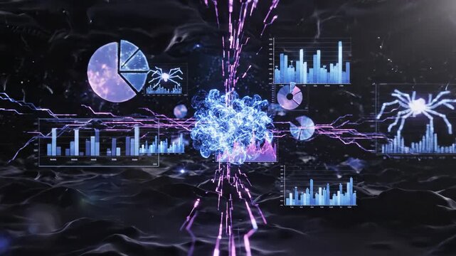 Abstract digital data visualization with glowing graphs and network spiders illustrating future technology concepts