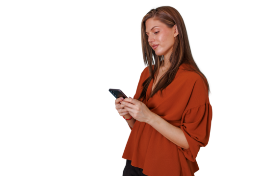 Woman using smartphone for communication, texting, and browsing social media with transparent background