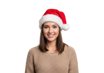 Young woman wearing a santa hat, isolated on transparent background