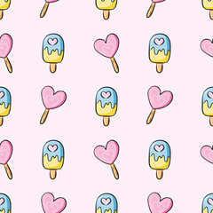 Kawaii ice pop and popsicle heart shape on a pink background. Valentine and food seamless pattern.