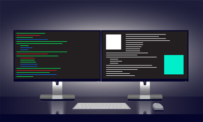 A modern workspace featuring two computer monitors. One displays lines of colorful code, while the other shows a data graph in red and green. Ideal for tech or coding themes. Vector illustration