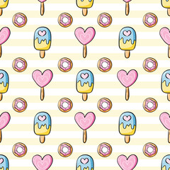 Kawaii ice pop and popsicle with a sweet donut on a light yellow and white stripes background. Valentine and food seamless pattern.