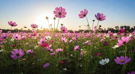 Obraz premium 輝く黄金色の夕陽が降り注ぐコスモス畑一面に広がるピンク色の花々が柔らかな光に包まれ風に優しく揺れる幻想的な美しい風景. AI Generated
