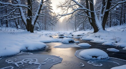 Snowy forest stream with ice and bare trees at sunrise winter