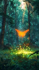 An enchanting forest scene illuminated by a radiant, mystical butterfly, casting a warm glow over vibrant green flora and sparkling ground cover, evoking wonder and natural magic
