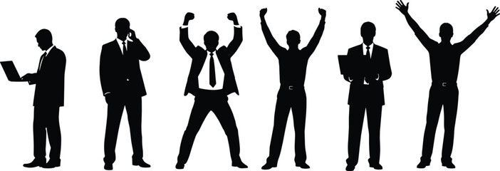 Silhouettes of multiple business professionals standing, celebrating, working, and communicating, representing teamwork, leadership, corporate success, productivity, motivation