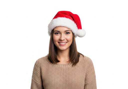 Young woman wearing a santa hat, isolated on transparent background - Powered by Adobe