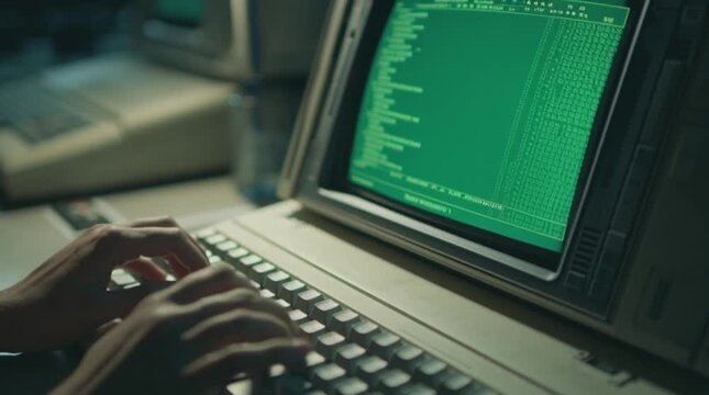 Closeup shot of hand typing on laptop retro screen green coding