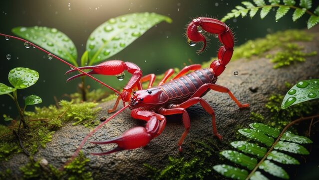 A vibrant red scorpion with long, slender legs and a segmented body, perched on a mossy log with green leaves and ferns in a natural, forest-like environment.