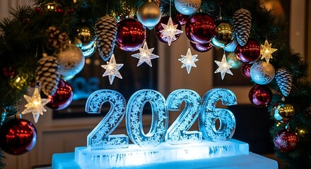 Festive new year display with ice sculpture numbers and christmas decorations overhead scene setting
