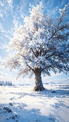 A majestic snow-covered tree stands alone in a sunlit winter wonderland landscape
