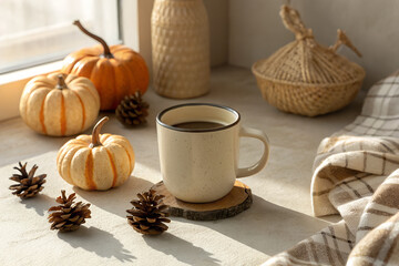 Fototapeta premium Cozy autumn-winter still life with ceramic mug of hot drink, soft sunlight, warm plaid texture, small decorative pumpkins, pine cones, beige background with shadows, minimal Scandinavian aesthetic, na
