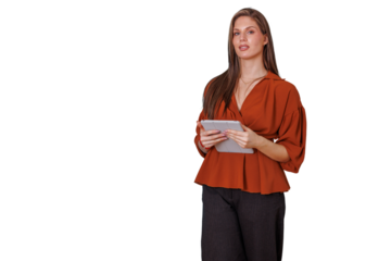 Young businesswoman using digital tablet for modern communication and data management, standing on transparent background