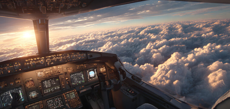 View from the cockpit of the plane to the beautiful clouds during sunset