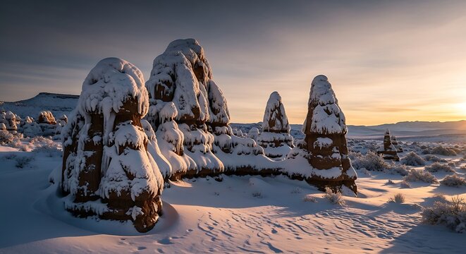 Snow covered rock formations in desert landscape at sunset winter hoodoos - Powered by Adobe
