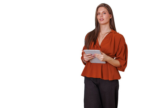 Young businesswoman using digital tablet for modern communication and data management, standing on transparent background
