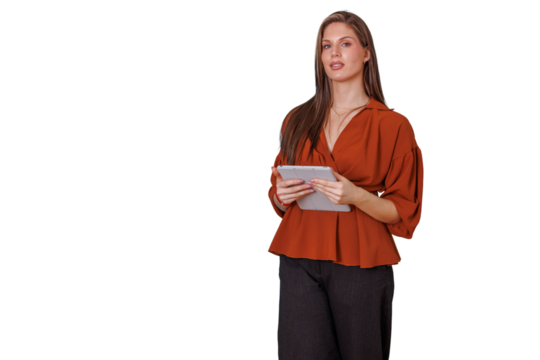 Young businesswoman using digital tablet for modern communication and data management, standing on transparent background