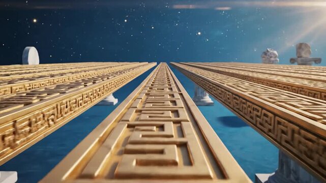 Ancient architecture abstract pattern maze design golden structure cosmos