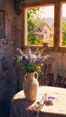 Floral Still Life Purple Flowers in Vase by the Window