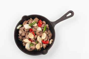 닭의 모래주머니를 마늘 따위와 함께 기름에 볶은 것.
Chicken gizzards fried in oil with garlic and other ingredients.
