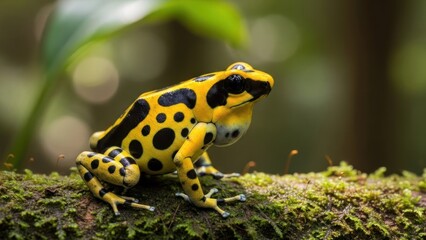 Fototapeta premium A yellow and black spotted frog perched on a mossy branch in a lush green forest.