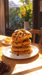 Chocolate Chip Cookies Stacked High Under Warm Light near Mountains