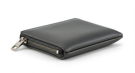 白い背景に置かれたミニマルな黒いファスナー財布均一な光が上品な革の質感を際立たせる. AI Generated