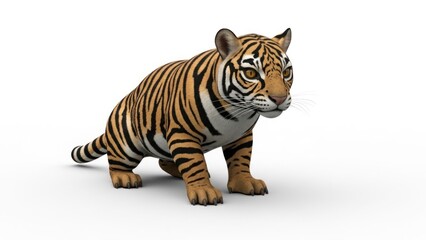 A tiger standing on a white surface with its head raised and eyes focused.