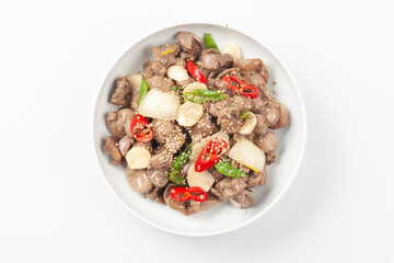 닭의 모래주머니를 마늘 따위와 함께 기름에 볶은 것.
Chicken gizzards fried in oil with garlic and other ingredients.
