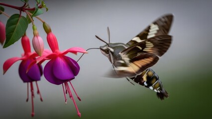 Obraz premium A hummingbird hawkmoth feeding on a fuchsia flower.