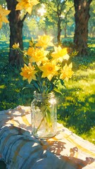 A radiant bouquet of yellow daffodils in a clear glass jar, catching the golden sunlight on a picnic blanket, symbolizing the fresh beauty of a peaceful spring morning in a vibrant garden