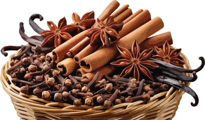 Aromatic spices in a basket, cinnamon, anise, clove