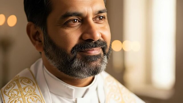 Joyful expression of warm smiling clergyman in golden light setting