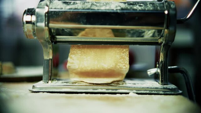 Using Manual Pasta Machine To Roll Out Fresh Dough. Preparing Homemade Tagliatelle Or Lasagna Sheets
