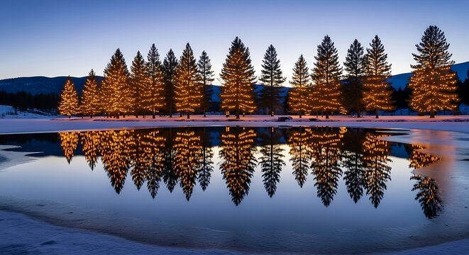 Illuminated christmas trees reflecting in a lake at dusk with snow covered ground and mountain backdrop - Powered by Adobe