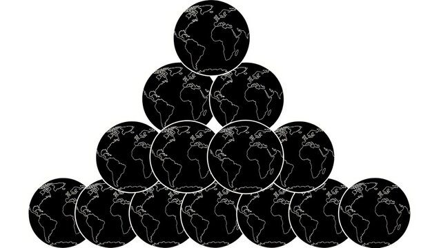 Pyramid of Earth Globes Representing Global Network.