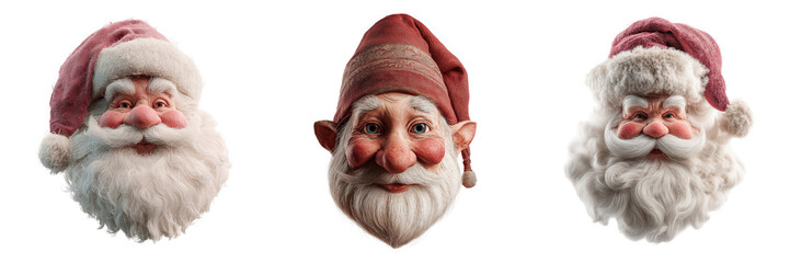 Three Santa Claus and Elf heads isolated on a transparent background
