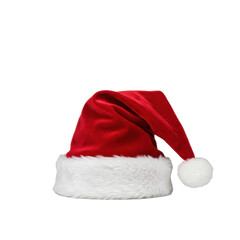 a luxurious deep crimson red velvet santa hat with thick white faux fur trim and pom-pom, captured in a sharp macro close-up on a white background. concept for commercial christmas advertising